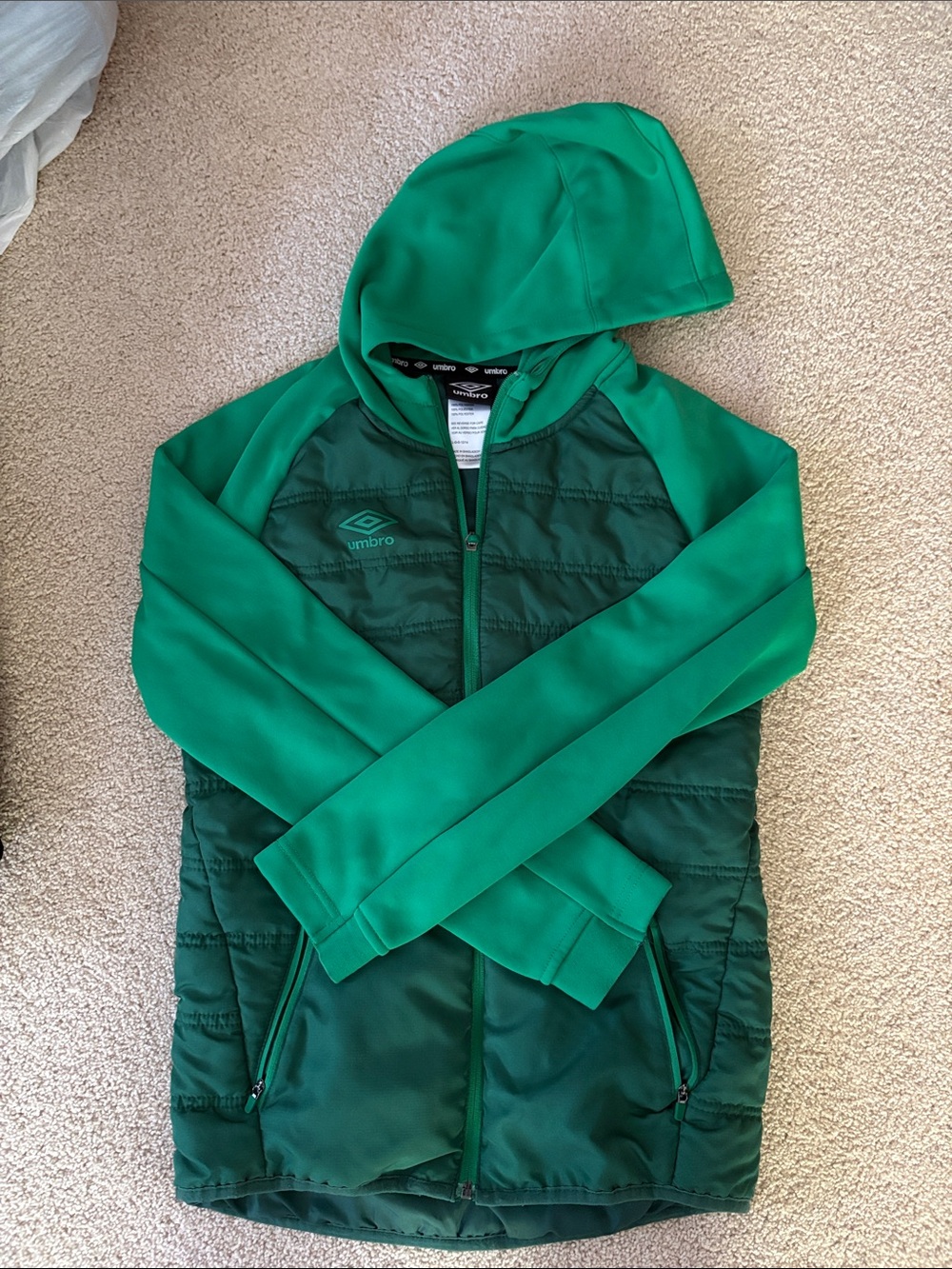 Umbro Kids' Hooded Puffer Jacket in Bright Green and Dark Green